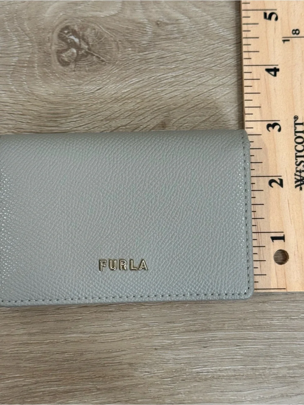 Furla Light Gray Leather Trifold Card Holder with Gold Logo